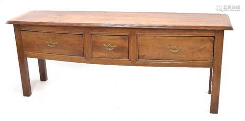 18th century fruitwood low dresser, the moulded top over three frieze drawers, raised on square