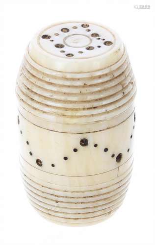 Georgian ivory nutmeg grater, in a barrell form, decorated with pricked central band and motif to