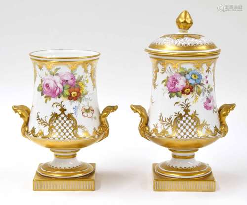 Pair of Royal Crown Derby pedestal porcelain vases, with floral and gilded decoration by Albert