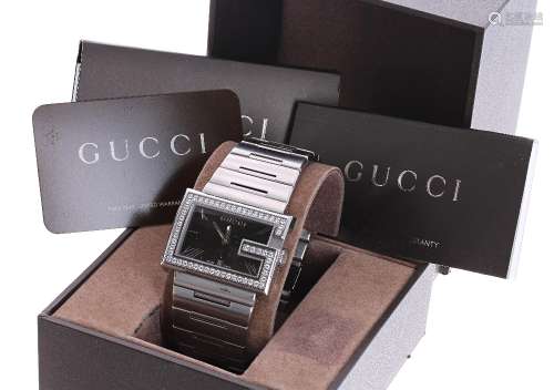 Gucci G-Collection rectangular stainless steel and diamond gentleman's bracelet watch, ref. 100M,