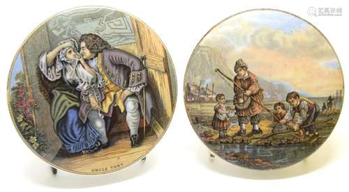 Two 19th century Prattware pot lids, one titled 'Uncle Toby', 4.25