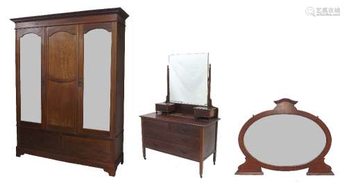 Edwardian mahogany Inlaid part bedroom suite; comprising a wardrobe with central panel flanked by