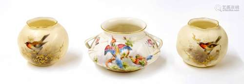 Royal Worcester porcelain twin-handled sucrier, decorated with birds of paradise, factory stamp