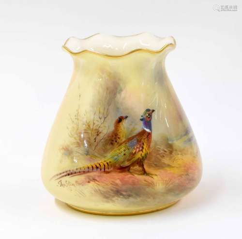 Royal Worcester porcelain vase by James Stinton, with a wavy flared rim painted with a pheasant,