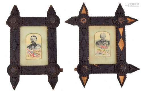 Pair of Victorian 'Tramp Art' carved wood picture frames, each with silk embroidered Boer War