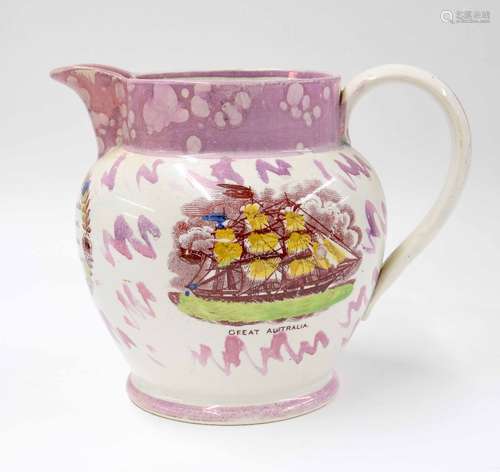 19th century Sunderland pink lustre jug, with polychrome transfer printed opposing panels of the