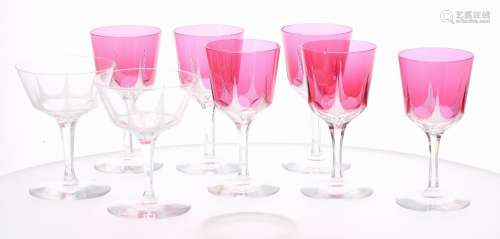 Set of six Art Deco cranberry sherry glasses, raised on clear hexagon stem, 5