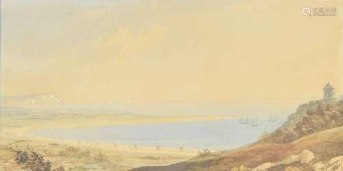 W* Johnson (19th century) - Martello towers along a Kent beach, tall ships moored in the bay, signed