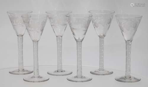 Set of six cordial glasses, the funnel bowl with foliate etched decoration, raised on a mercury