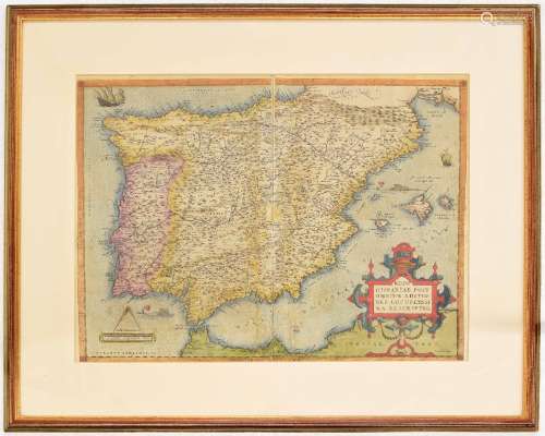 17th century coloured engraving map of Spain and Portugal, Regni Hispaniae post Omnium Editio Nes