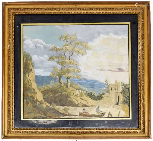 Early 19th century silkwork landscape picture, with cattle grazing and a lodge nearby, a couple