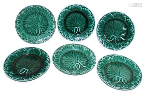 Six Wedgwood green majolica glaze moulded leaf plates, factory stamps underside, 8