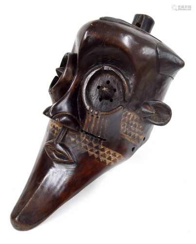 Early 20th century carved Kuba Kete 'Kamboko' helmet mask, reputedly from Moika in Kasai province of