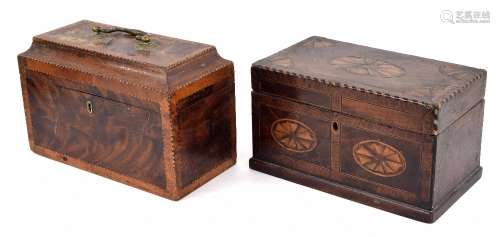 Georgian mahogany inlaid tea caddy, the hinged cover with central and corner inlaid paterae