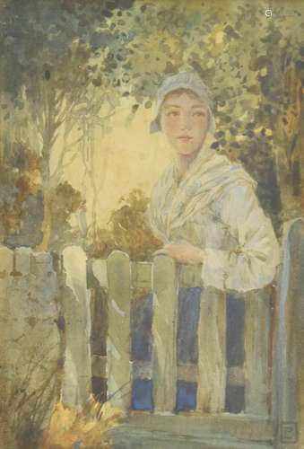 Percy Lancaster (1878-1951) - The Garden Gate, study of a lady behind a white picket gate,