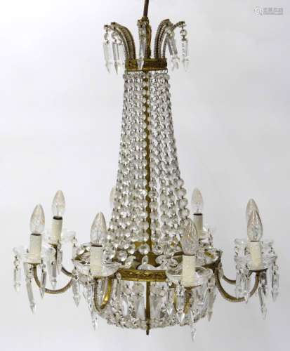 Good large eight branch prism drop brass chandelier in the Regency manner, 26