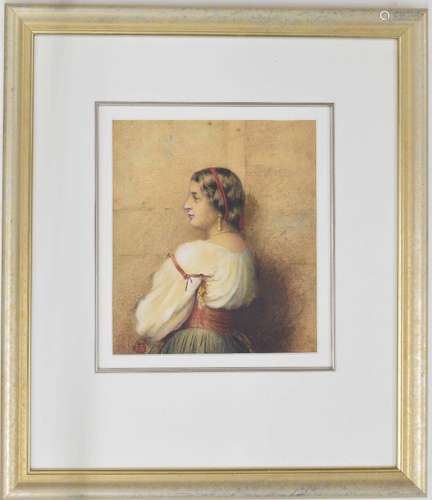 Continental School (19th century) - Portrait of a young lady, half length, wearing a cream, red