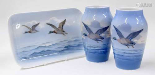 Royal Copenhagen - pair of mallard in flight vases, factory stamp and numbered 1087 and impressed '