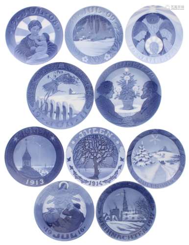 Royal Copenhagen - ten early Christmas plates, 1908 'Madonna and Child' to 1917 'The Tower of Our