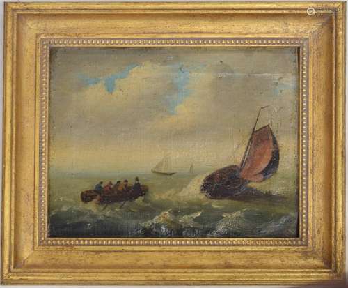 English School (19th century) - Seascape with figures in a rowing boat approaching a fishing boat in