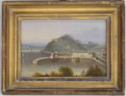 English School (19th century) - Harbour scene with shipping, houses on a hill in the distance, oil