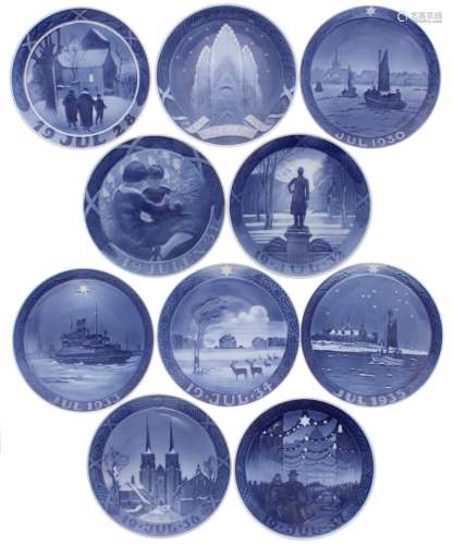 Royal Copenhagen - ten Christmas plates, 1928 'The Vicar Family on the Way to Church' to 1937 '