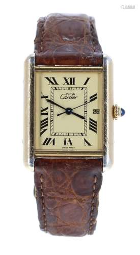 Must de Cartier silver gilt tank wristwatch, ref. 2413, serial no.15367xxx, tan leather strap with