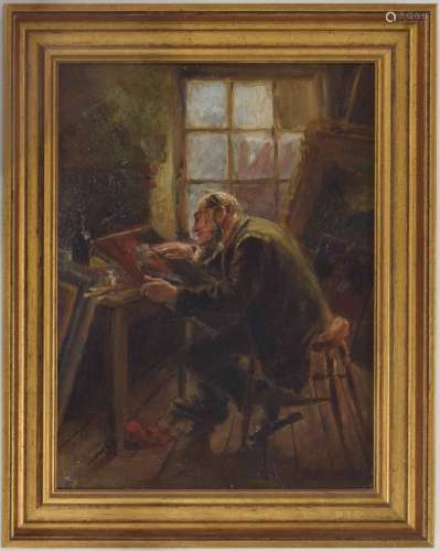 Circle of Ralph Hedley (c.1851-1913) - Figure seated in an artist's studio, examining an oil