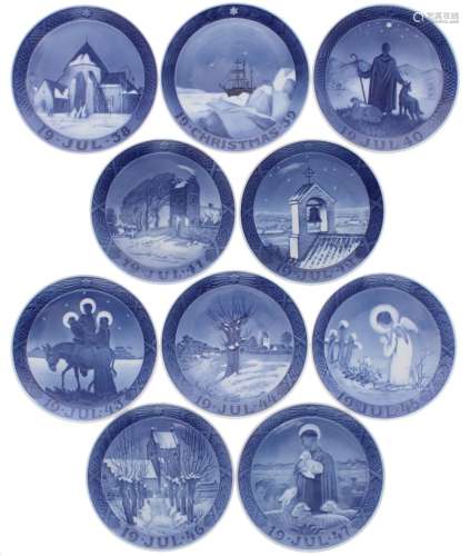 Royal Copenhagen - ten Christmas plates, 1938 'The Round Church in Osterlars on Bornholm' to 1947 '