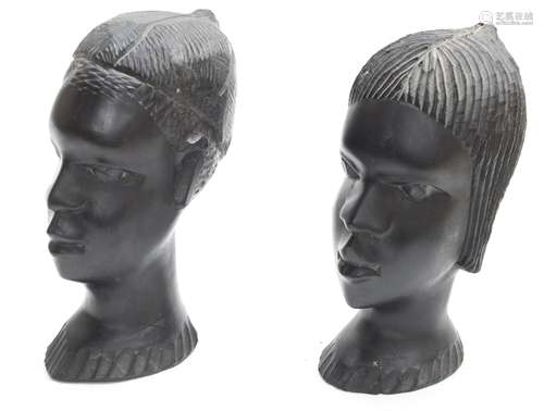 West African, Benin - pair of carved ebony bust figures, each with slightly differing coiffure, 7