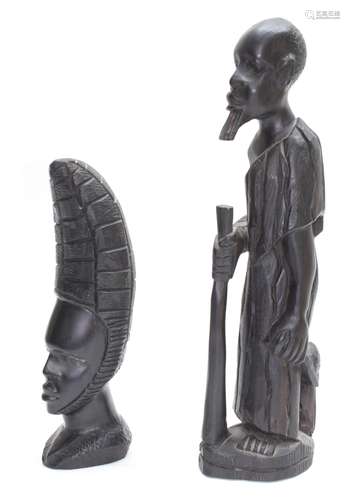 West African, Benin - carved ebony figure of a tribal elder with staff, 15