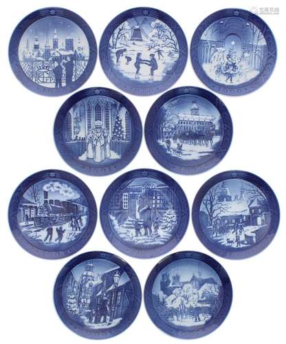 Royal Copenhagen - ten Christmas plates, 1988 'Christmas Eve in Copenhagen' to 1997 'Roskilde