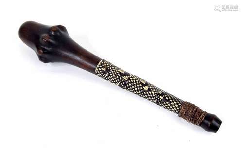 Mid 20th century small Maori ceremonial club, with woven wrapped handle and knobbed end, 11