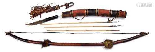 Native Indian bow, quiver, three arrows and dagger with sheath, the leather wrapped bow with applied