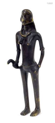 Interesting African bronze figure of a lady, possibly Punu tribe, wearing a slim belt and necklace