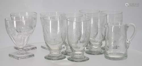 Set of six foliate etched rummer drinking glasses, 5.25