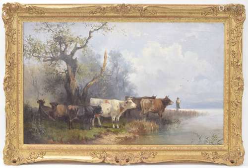 Jan Jean (19th century) - River landscape with cattle, a man fishing nearby, signed, also