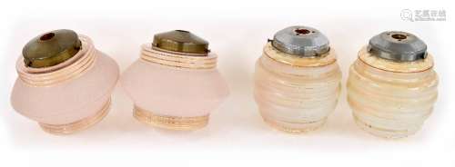 Pair of mid 20th century vintage glass ceiling lamp shades, of beehive form with frosted rings, drop