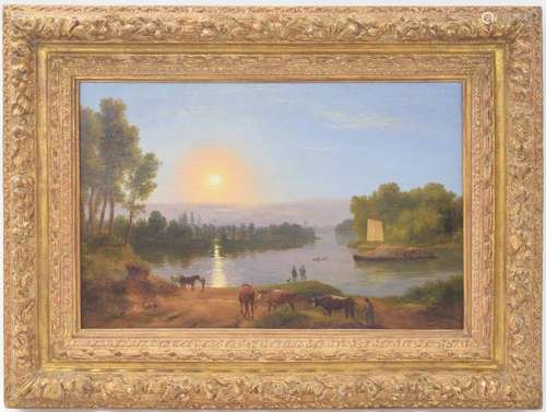 Attributed to Ramsay Richard Reinagle (1775-1862) - River scene at sunrise with a drover and