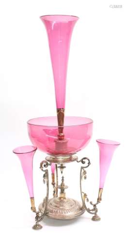 Late 19th century cranberry glass and silver plate epergne/centrepiece, with central flute over a