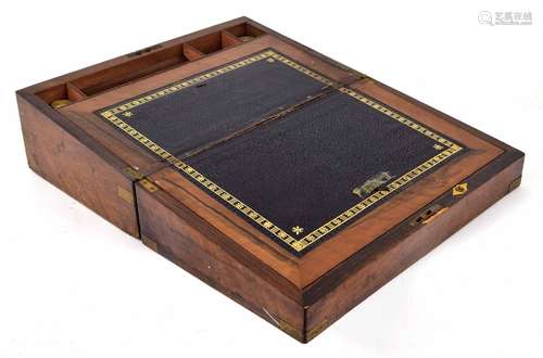 Victorian mahogany writing brass bound writing slope, inset with two square glass ink bottles, 16