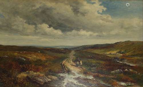 David Bates (1840-1921) - 'A Wet Road, North Wales', figures on a moorland track, with sheep