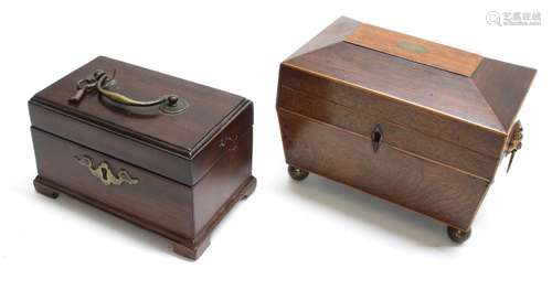 19th century rosewood tea caddy of sarcophagus form, with divided interior, raised on brass ball