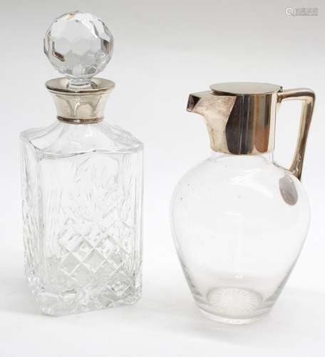 Square moulded glass decanter and stopper, with silver collar, hallmarked P H Vogel & Co.,