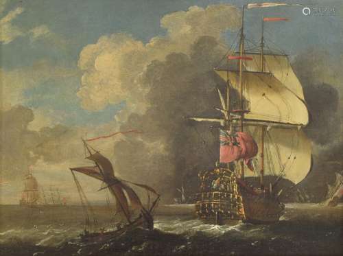 Circle of Francis Swaine (1715-1782) - English warship in a stormy sea, with her broken mast and