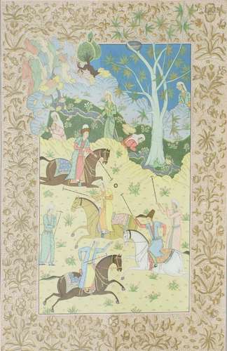 Persian School - Polo match and figures in a garden landscape within a foliate border,