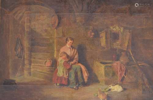 Attributed to Alfred Provis (19th century) - Interior scene with a mother and child feeding rabbits,