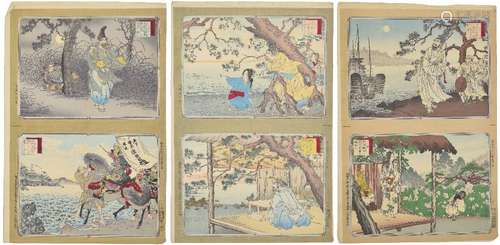 Six 19th century woodblock prints from the 'Illustrated History of Japan', published 1885, on