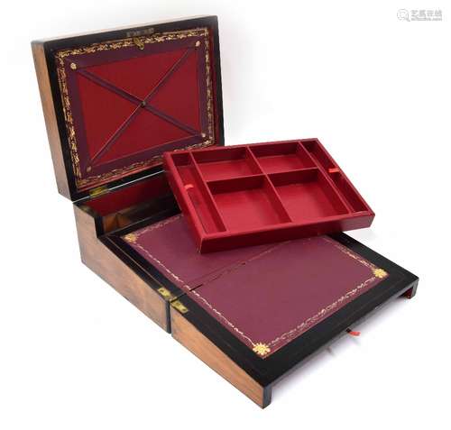 Victorian walnut and mother of pearl inlaid writing slope, the locking hinged cover with inset