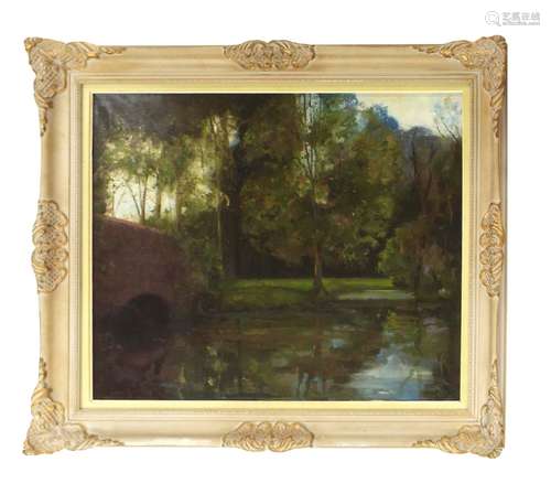 Richard Ewen (b. 1929) - River scene with a stone bridge, trees reflected in the foreground,